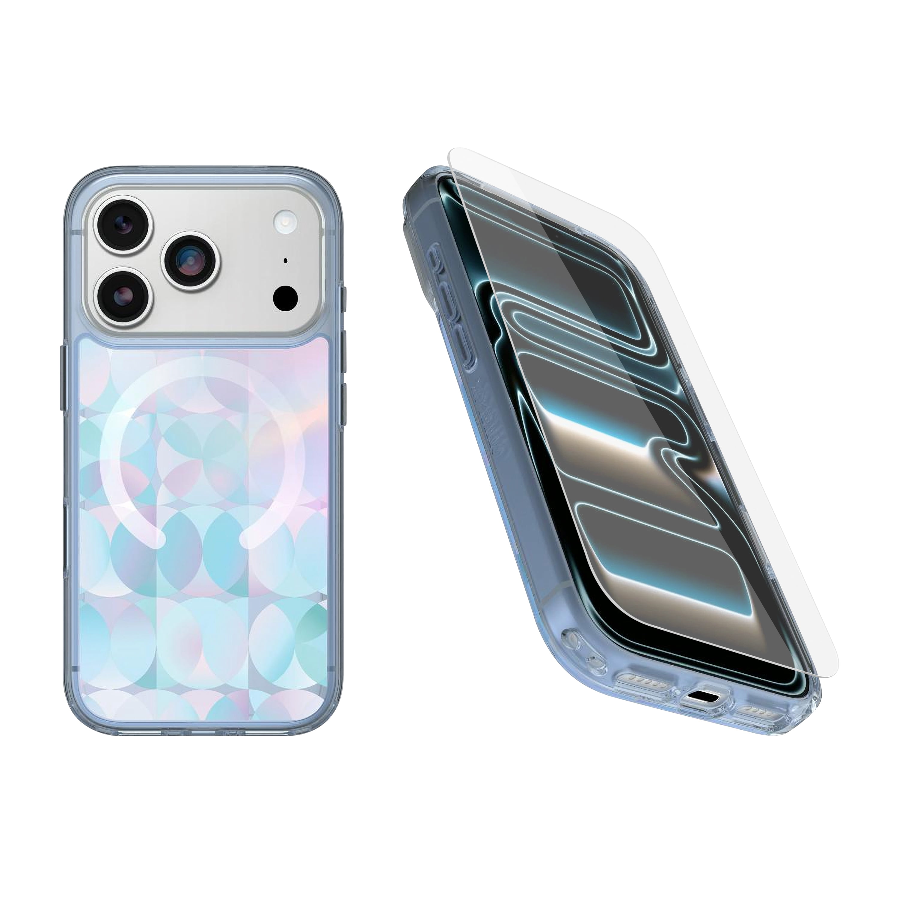 OtterBox iPhone 17 Pro (Only) Bundle: Symmetry Clear Series+ Case & Screen Protector - Opal Prism (Clear/Multicolor) - Snaps to MagSafe, Ultra-Sleek, Raised Edges Protect Camera & Screen, Non-Retail