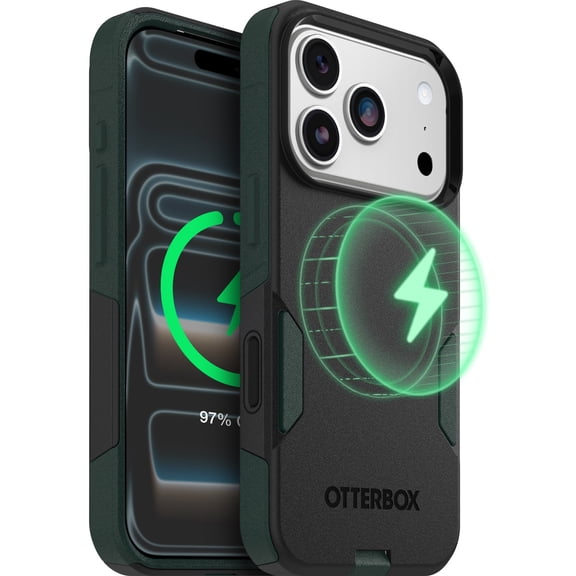OtterBox iPhone 17 Pro (Only) – Commuter Series Case – Built-In MagSafe – Thin, Dual-Layer, Pocket-Friendly, Port Cover – Forest Night (Black/Green)