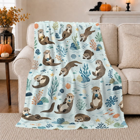Otters Among Seaweed Sprigs, Muted Folk Marine Illustration Composition for Marine Animal Enthusiasts, Just Because Gift, Cozy Flannel Blanket with Home Decor for Living Room and Bedroom