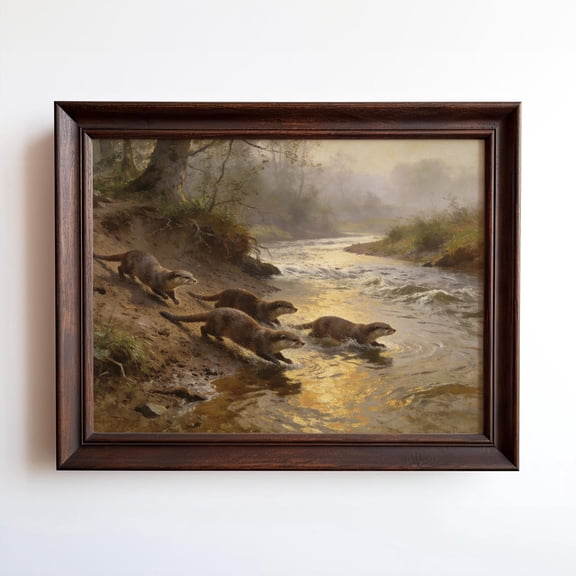 Otters Entering River Art Vintage Wildlife Wall Art Lodge Style Nature Decor, Unframed Paper Print