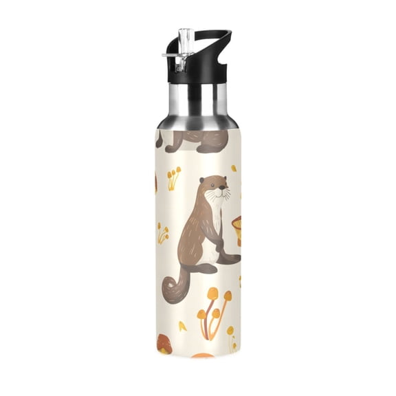 Otters Mushrooms Grass Sports Bottle with Straw Stainless Steel Water Jug Portable Thermal Cup Leak-proof 600ML