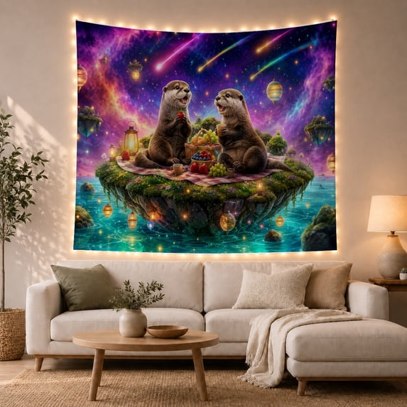 Otters Picnic on a Floating Island with Cosmic Sky, Serene Fantasy for Animal Lovers, Whimsical Wall Art Decor, Birthday Gift, Tapestry Wall Hanging for Bedroom and Living Room