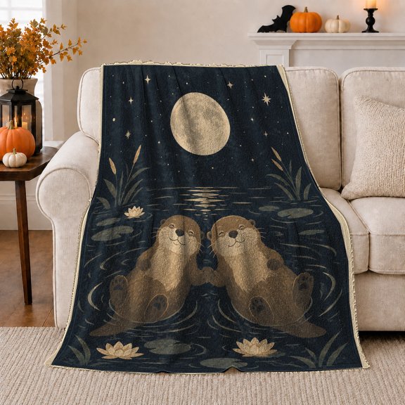 Otters under Round Moon in Lily Pond, Serene Wildlife Style for Otter Lovers, Moonlit Water Scene and Birthday Gift, Cozy Flannel Blanket for Cabin and Bedroom, Home Decor