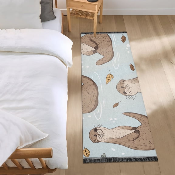 Otters in Water Leaves Bedside Runner Rug 2'x 6' Non Slip Carpet Floor Mat Area Rug