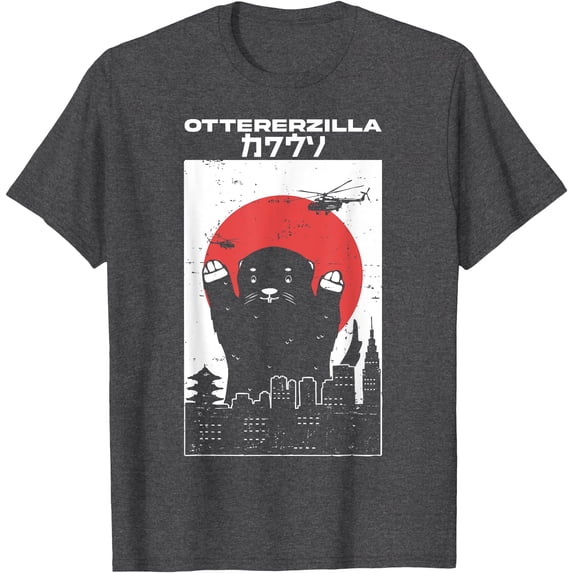 Otterzilla Funny Otter Rodent Retro Japanese Softstyle Unisex T-Shirt,Dark Heather Grey Color,Size 2XL