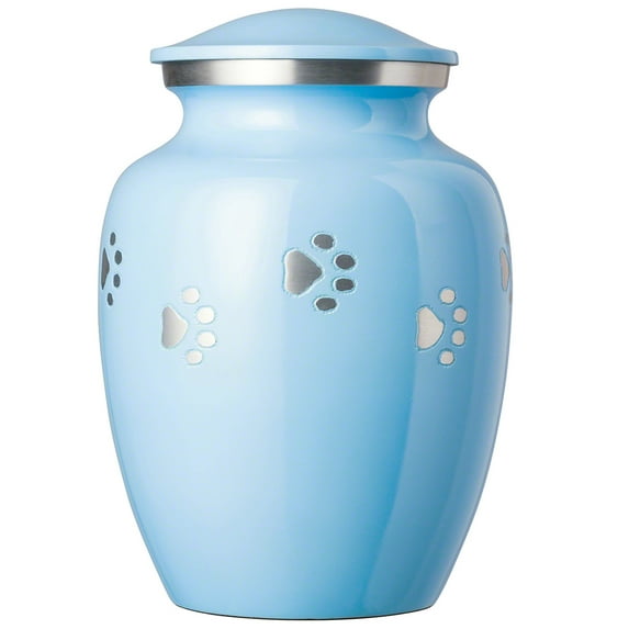 Ottillie Paws Series Pet Cremation Urn - Large, Baby Blue Painted Finish/Horizontal Pewter Paws