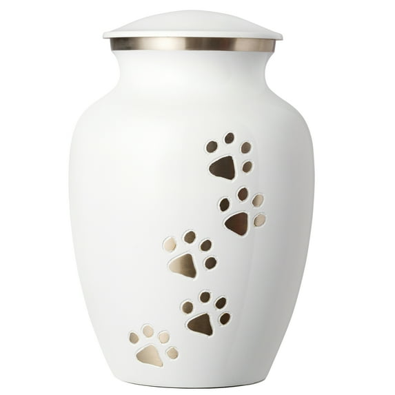 Ottillie Paws Series Pet Cremation Urn - Medium, Cloud White Painted Finish/Vertical Pewter Paws
