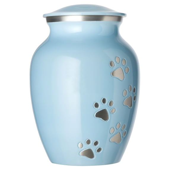 Ottillie Paws Series Pet Cremation Urn - Small, Baby Blue Painted Finish/Vertical Pewter Paws