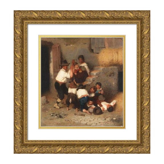 Otto Brandt 20x22 Gold Ornate Framed and Double Matted Museum Art Print Titled - Italian Farmer Family when Storing the Heus (Approx. 1860-1880)