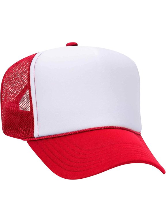 5 Panel High Crown Mesh Back Trucker Hat Polyester Foam Front Red/Wht/Red