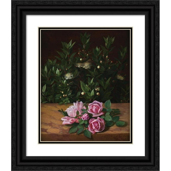 Otto Didrik Ottesen 12x14 Black Ornate Wood Framed Double Matted Museum Art Print Titled: Roses and Myrtles (1876)