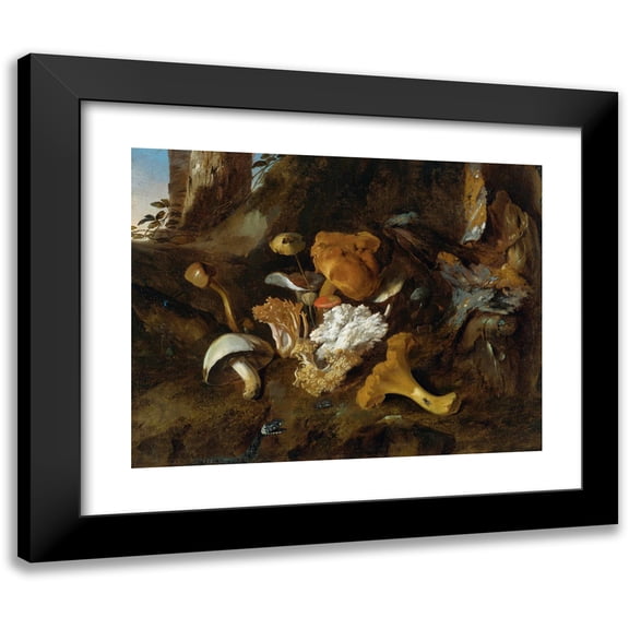 Otto Marseus van Schrieck 14x12 Black Modern Framed Museum Art Print Titled - Forest Floor Still Lifes with Mushrooms, Butterflies and a Snake