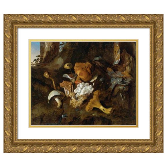 Otto Marseus van Schrieck 24x20 Gold Ornate Framed and Double Matted Museum Art Print Titled - Forest Floor Still Lifes with Mushrooms, Butterflies and a Snake