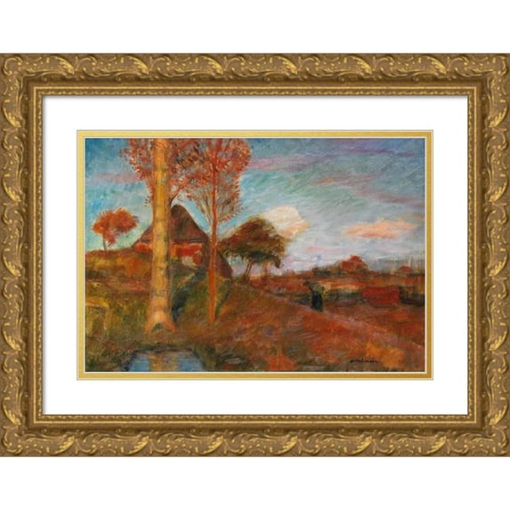 Otto Modersohn 24x17 Gold Ornate Framed and Double Matted Museum Art Print Titled - Autumnal Evening Sun in Moor (1928)