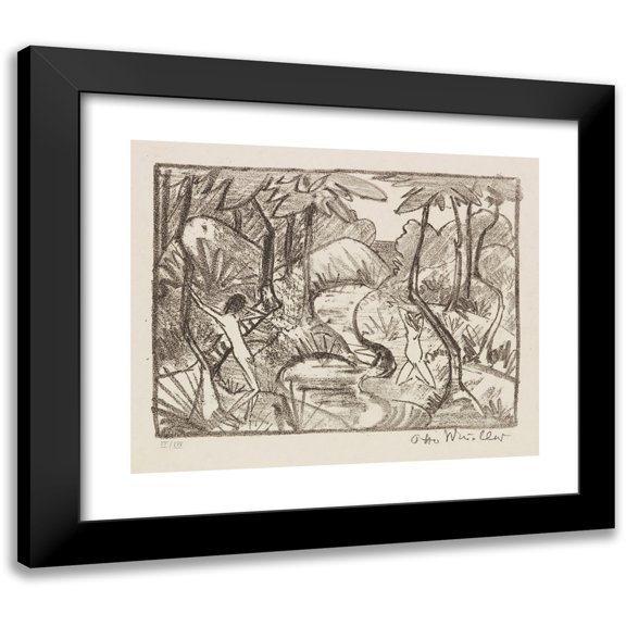 Otto Mueller 14x12 Black Modern Framed Museum Art Print Titled - Two Figures on Waldbach 2 (Forest Landscape) (1921)