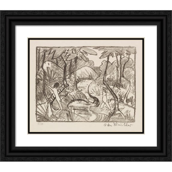 Otto Mueller 14x12 Black Ornate Wood Framed Double Matted Museum Art Print Titled: Two Figures on Waldbach 2 (Forest Landscape) (1921)