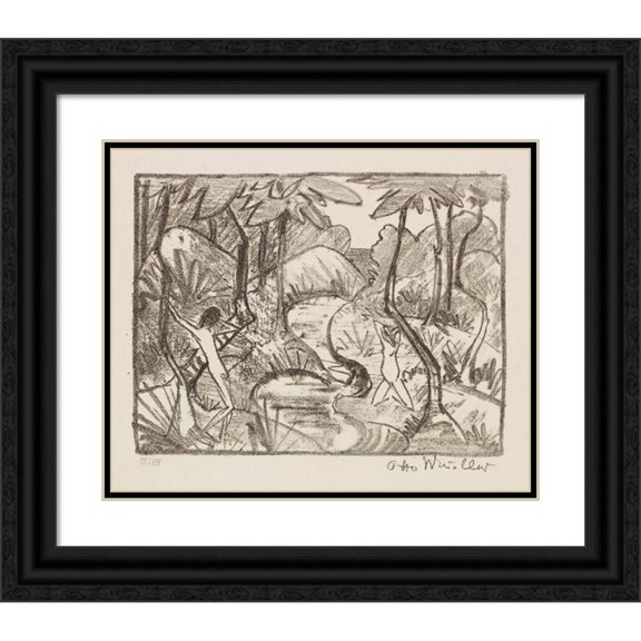 Otto Mueller 18x15 Black Ornate Wood Framed Double Matted Museum Art Print Titled - Two Figures on Waldbach 2 (Forest Landscape) (1921)
