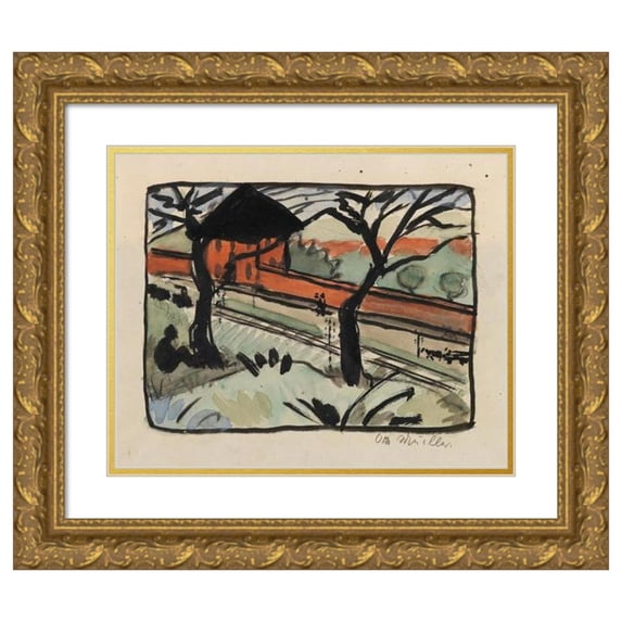 Otto Mueller 24x20 Gold Ornate Framed and Double Matted Museum Art Print Titled - Dorfstrasse - Train Station in Schmiedeberg (Giant Mountains) (1919)