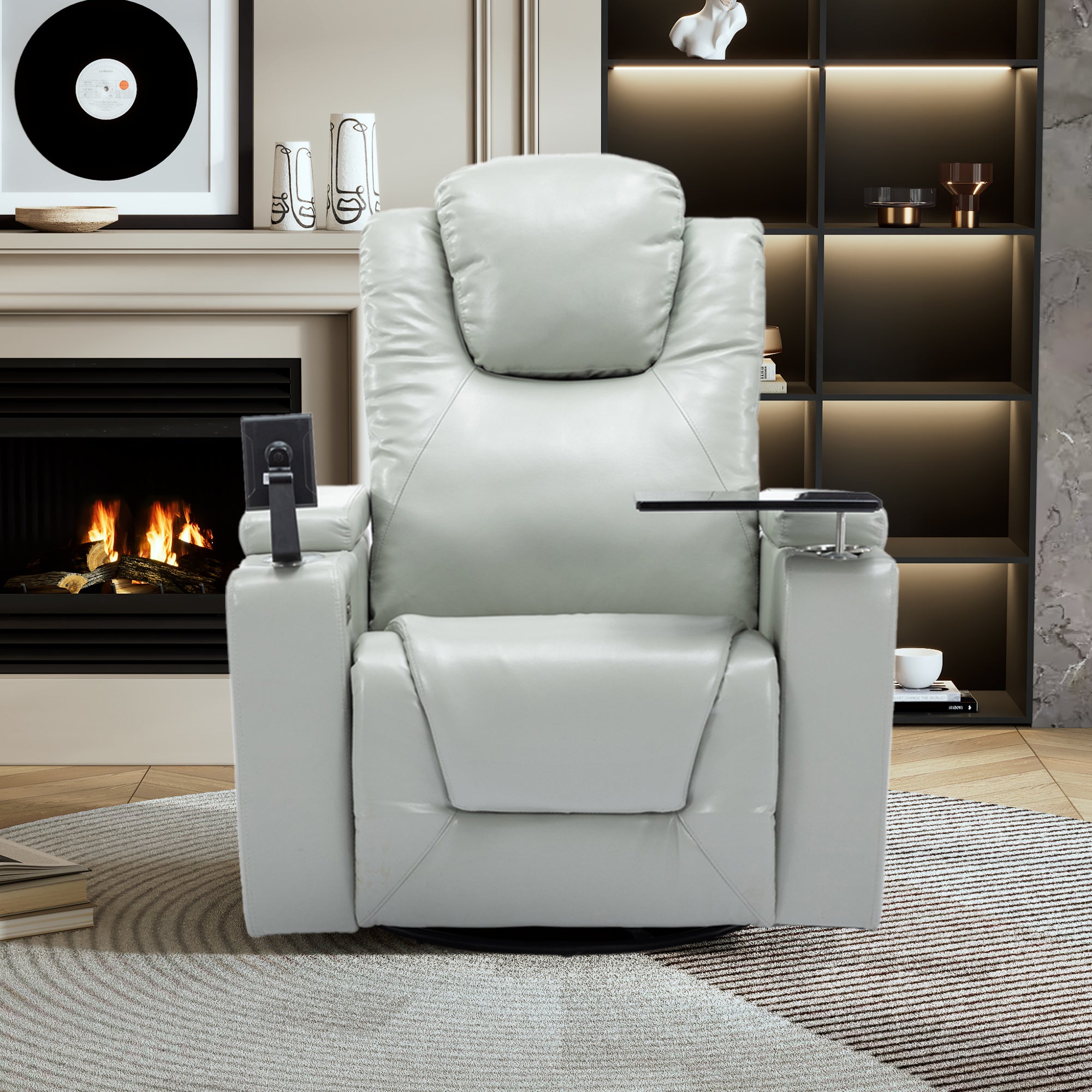 Otto PU Leather Power Recliner r with Surround Sound Tray Table Gray