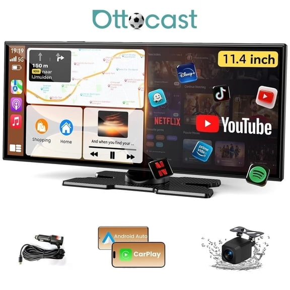 Ottocast 11.4" Wireless CarPlay & Android Auto Built-in Video Apps, Split Screen, 1920x720P Touchscreen, Backup Camera, Dual WiFi, Bluetooth 5.0,