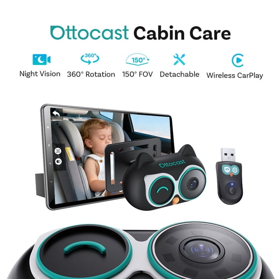 Ottocast Cabin Care 2-in-1 Wireless CarPlay Adapter & 1080P HD Baby Car Camera Plug & Play Rear Seat Monitor with Split-Screen Navigation, No Extra Screen Needed