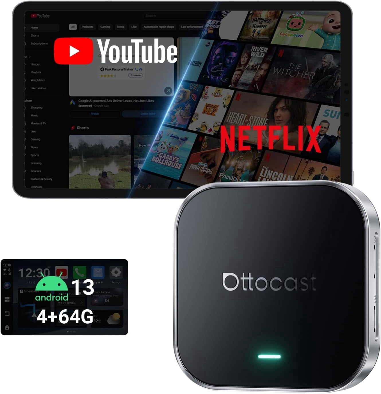 Ottocast E2 AI Box with Bluetooth Remote, Wireless CarPlay