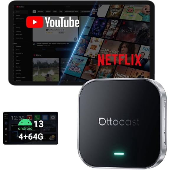 Ottocast E2 AI Box with Bluetooth Remote, Wireless CarPlay & Android Auto Adapter, 4+64GB Android 13.0