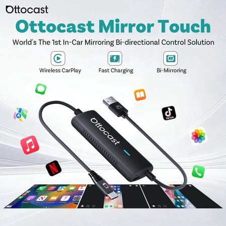 Ottocast Mirror Touch Bi-Directional Control Phone & Car Screen, Wired to Wireless CarPlay Adapter No Delay, 27W Fast Charging
