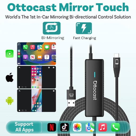Ottocast Mirror Touch Wired to Wireless CarPlay Adapter, No Delay, Two-Way Touch Screen Share, 27W Fast Charge, Plug & Play