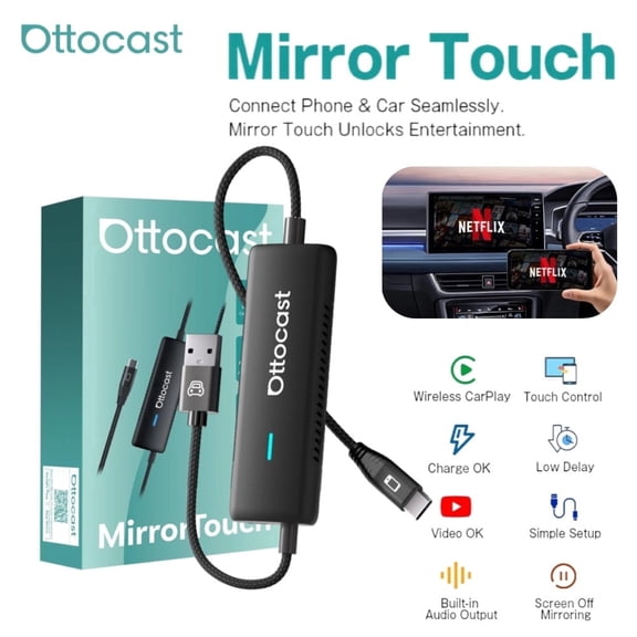 Ottocast Mirror Touch Wired to Wireless CarPlay Adapter, No Delay, Two-Way Touch Screen Share, 27W Fast Charge, Plug & Play