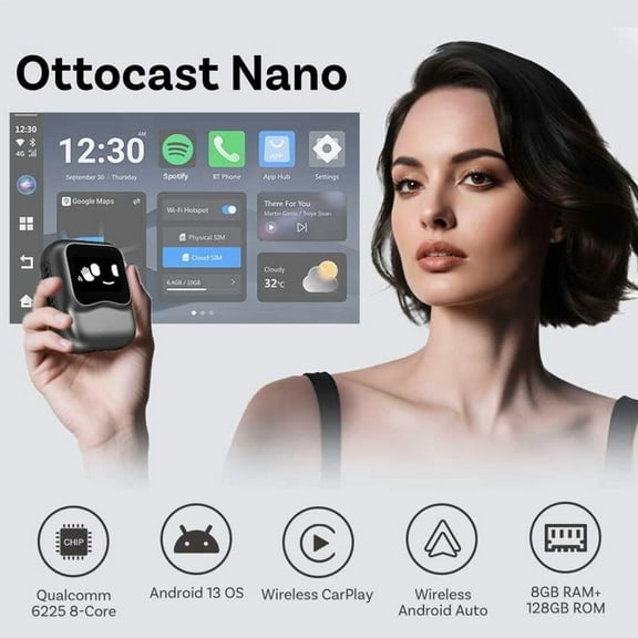 Ottocast Nano Wireless CarPlay Android Auto Adapter Octa Core Android 13 AI Voice QCM6225 Octa Core for Wired CarPlay Cars New