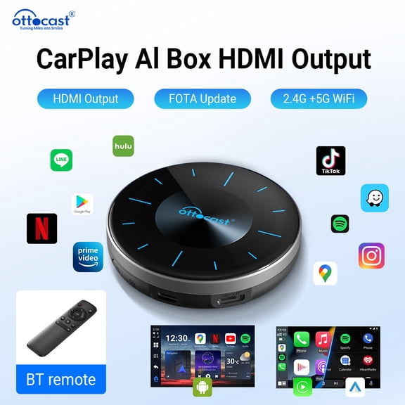 Ottocast P3 AI Box with Remote, 8+128GB Android 12 Built-in Streaming Apps, Wireless CarPlay & Android Auto, with HDMI Output, CloudSIM,