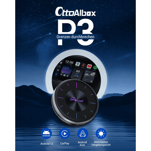 Ottocast P3 Android 12 CarPlay AI Box, Wireless CarPlay Android Auto Adapter with HDMI Output, CloudSIM, 8GB RAM 128GB Storage