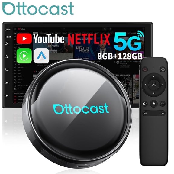 Ottocast P3 Pro AI Box with Bluetooth Remote, CarPlay TV Box for Cars, 8+128GB with Android 13.0, *Supports AI Voice Assistan *YT+TK, Wireless Apple CarPlay&Android Auto Adapter , HDMI Out