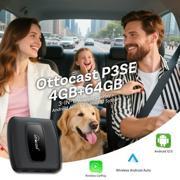 Ottocast P3 SE Express Ai Box Wireless Android Auto CarPlay Adapter Android 12 for Factory Wired CarPlay Car QCM6125 RAM 4GB ROM 64GB
