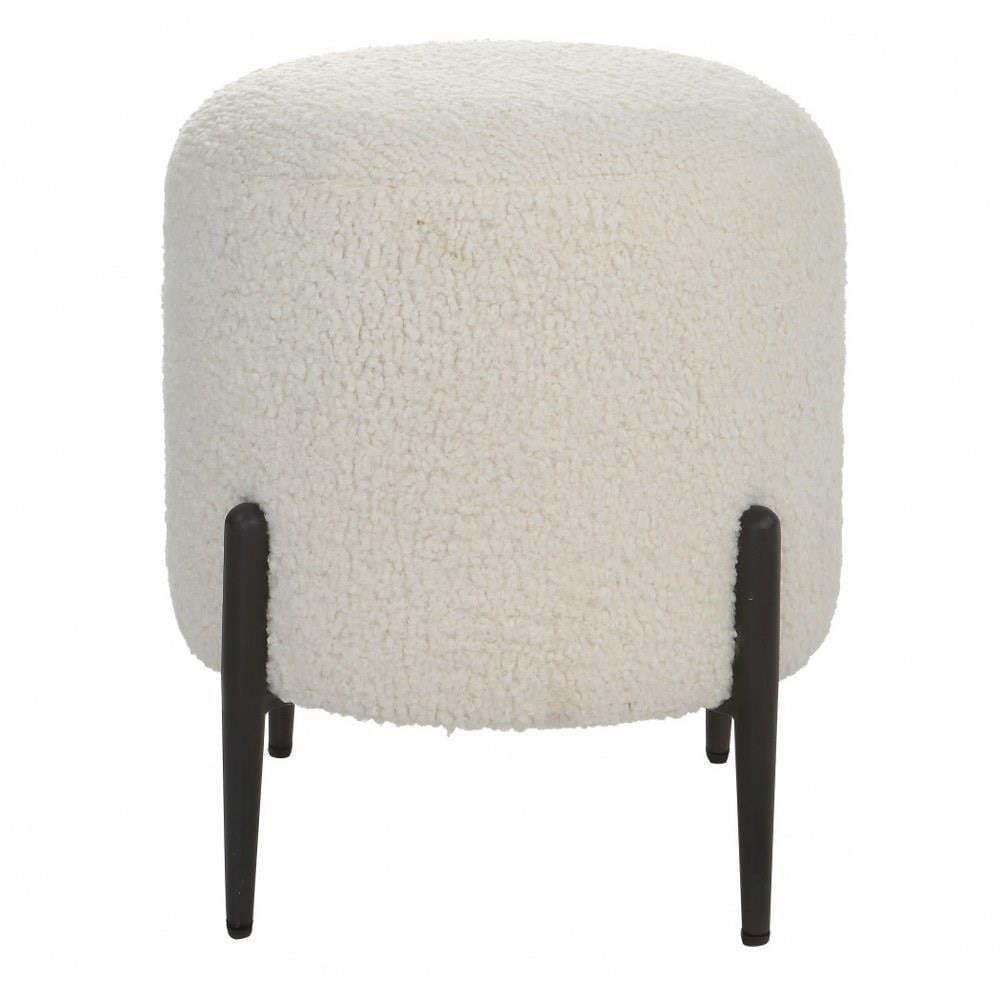White Faux Shearling Round Ottoman with Black Metal Legs