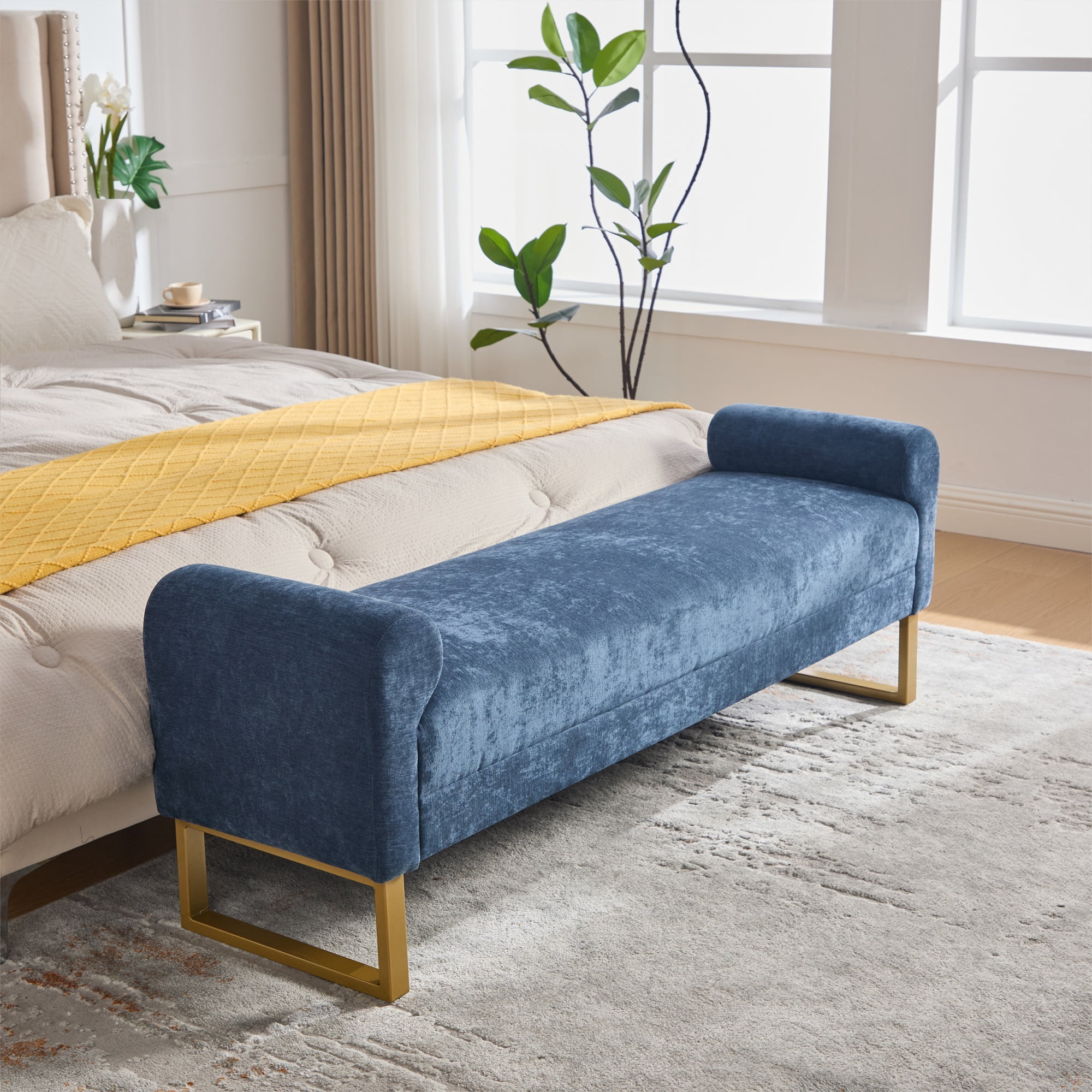 Ottoman Bench 65.4 Inch, Chenille Upholstered Bench with Gold Metal Legs, End of Bed Bench for Bedroom and Living Room, Blue