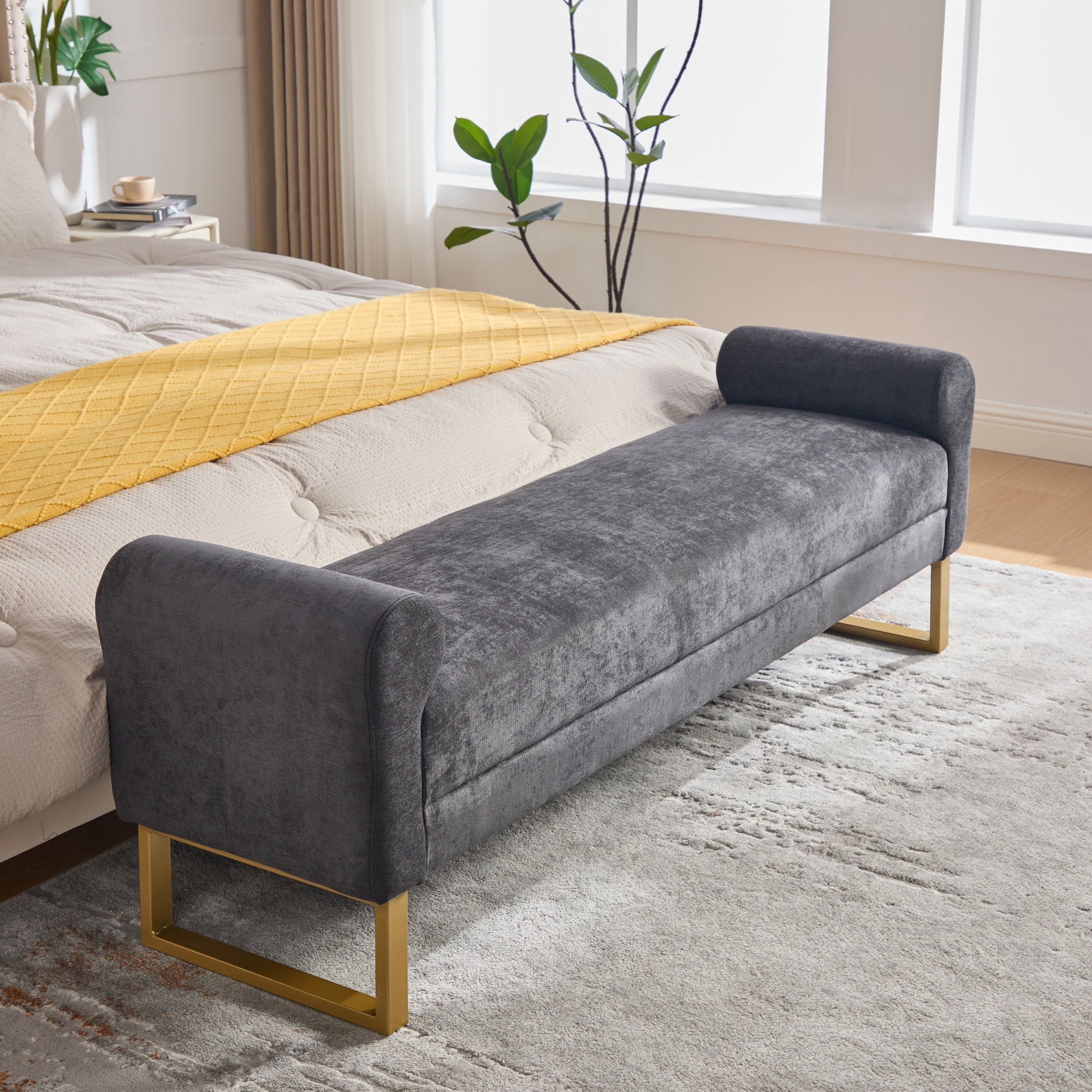 Ottoman Bench 65.4 Inch, Chenille Upholstered Bench with Gold Metal Legs, End of Bed Bench for Bedroom and Living Room, Dark Gray