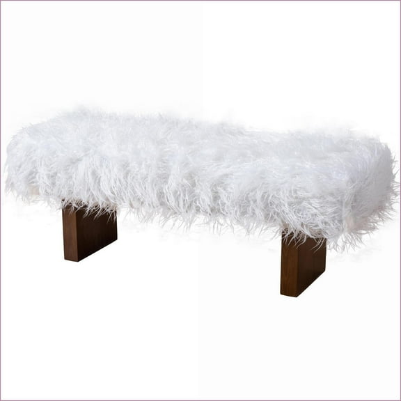 Ottoman Bench, Cozy Ivory Khaki Fur Plush for Living Room | Pet/Kid-Friendly | White | Fabric