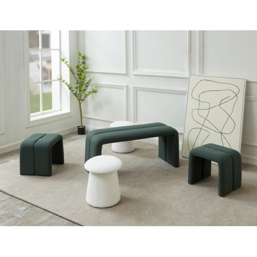 Ottoman Bench Set, Modern Upholstered Bench Including Four Benches for Bedroom, Living Room, Hallway, Deep Green U-Shape Ottoman & White Mushroom-like Ottoman