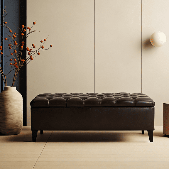 Ottoman Bench with Storage - Dark Brown PU Surface, Rubber Wood Legs, 300 lbs Capacity, Multi-Functional Upholstered Seat for Living Room, Bedroom, Entryway