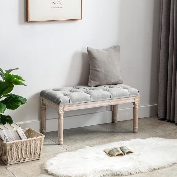 Ottoman Bench Upholstered Fabric Rectangle Entryway Bench, Tufted Piano Bench for 2 People, Rubber Wood Legs with Beautiful Carved Pattern for Bedroom/Living Room/Dining Room (Grey)
