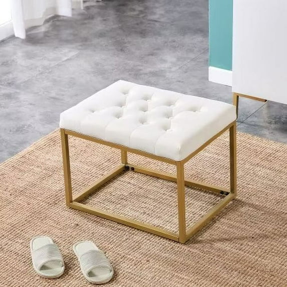 Ottoman Bench,Velvet Upholstered Chair with Golden Metal Frame,Makup Stool Padded Bench Chair Leisure Footstool for Bedroom Living Room, White