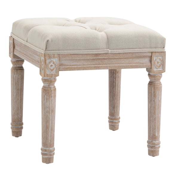 Ottoman Bench Vintage Footrest w/ Button Tufted Seat, Carved Wooden Legs, Beige