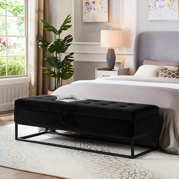 Ottoman Bench with Storage Function | Can Be Placed in Multiple Rooms | Black Velvet and Stable Metal Base | Helps with Small Space Organization