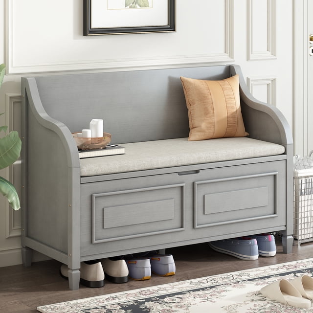 Leumius Ottoman Bench with Storage, Solid Wood, Removable Cushion ... - Modern Metal Ottoman Storage Bench With Cushion
