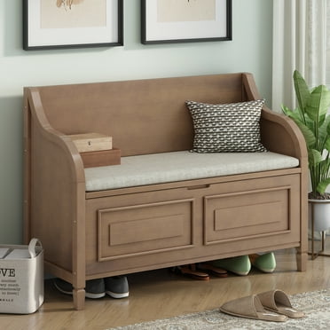 Ottoman Bench with Storage Solid Wood Entryway Multifunctional Removable Cushion Storage Bench with Safety Hinge