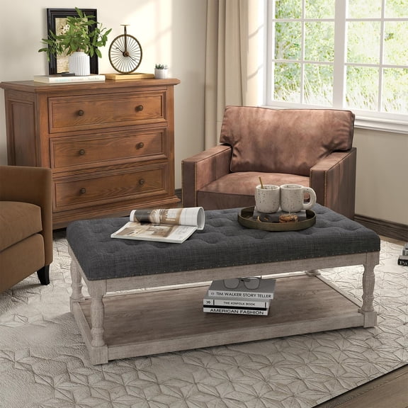 Cuzobro Ottoman Coffee Table, Large Rectangle Ottoman with Storage - Upholstered Cushioned Bench for Living Room, Tufted Linen Fabric with Solid Wood Shelf, Entryway Bench(Dark Gray)