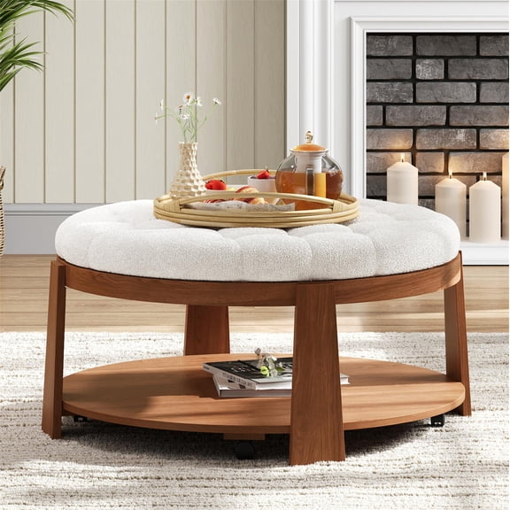 Ottoman Coffee Table, Large Round Button Tufted Ottoman With 2 Tier Wood Storage Shelf And Wheels, Waterproof Linen Fabric For Living Room, Ivory White