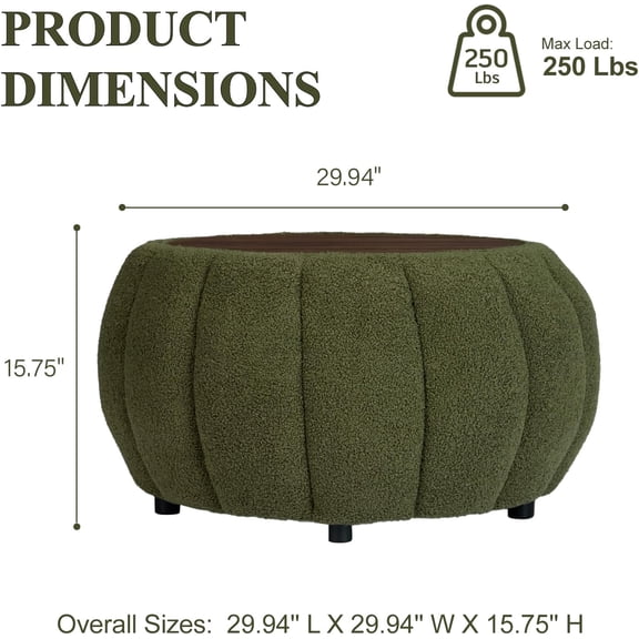 Ottoman Coffee Table with Storage, Wooden Top Large Storage Ottoman, 30 Inches Round Coffee Table, Pumpkin Shaped Side Table, Multifunctional Teddy Fabric Footstool, Green
